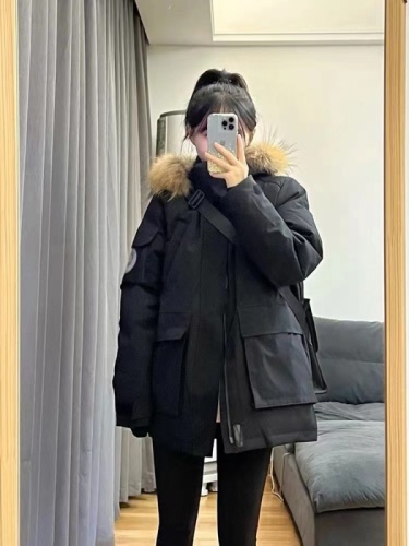 Official Photo Black Hooded Fur Collar Workwear Cotton Jacket Winter New American Retro Loose Thickened Cotton Jacket Trendy