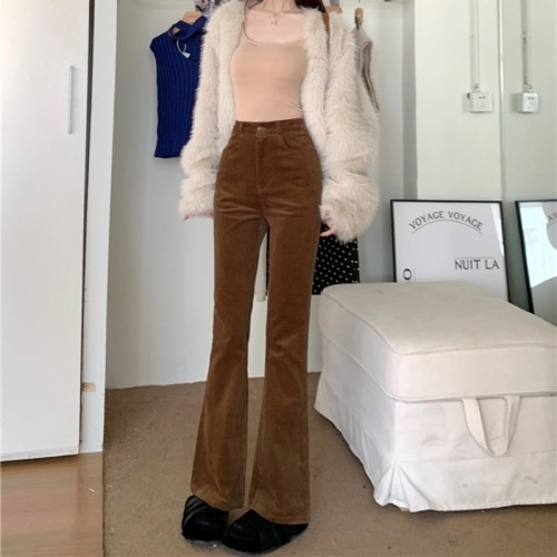 Real shot!  Brown brown straight-leg pants for women in autumn and winter high-waisted loose corduroy micro-flared pants trendy trousers