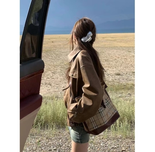 American retro coffee color PU leather jacket autumn new women's sweet and cool style loose motorcycle jacket top