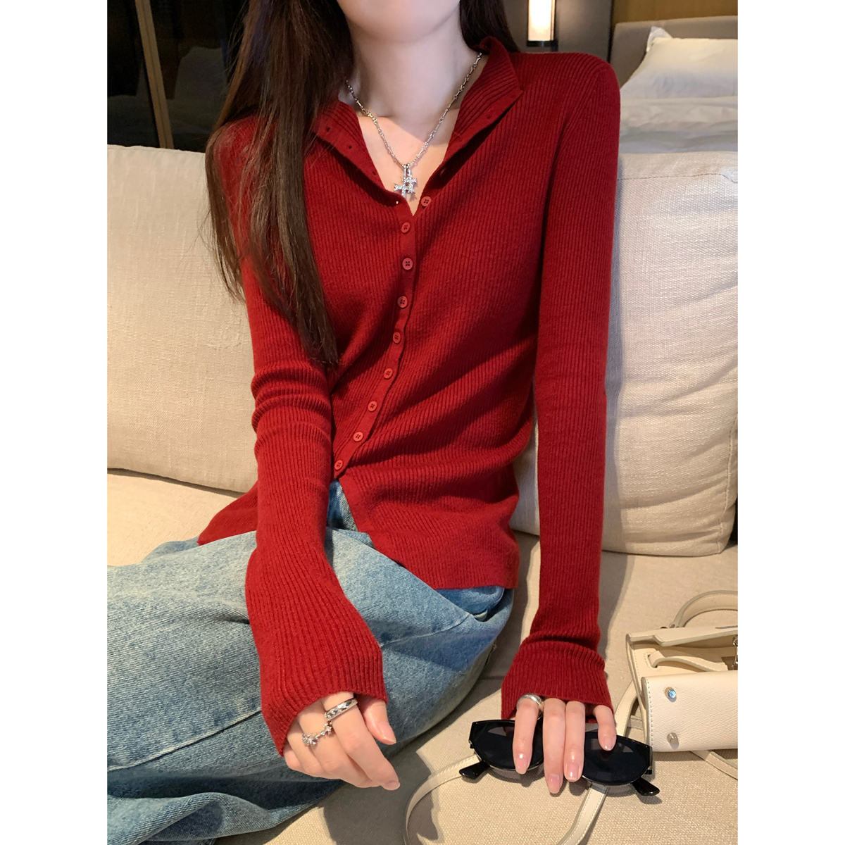 Actual shot of autumn and winter Korean style temperament half turtleneck single-breasted slim cashmere knitted long-sleeved cardigan top for women