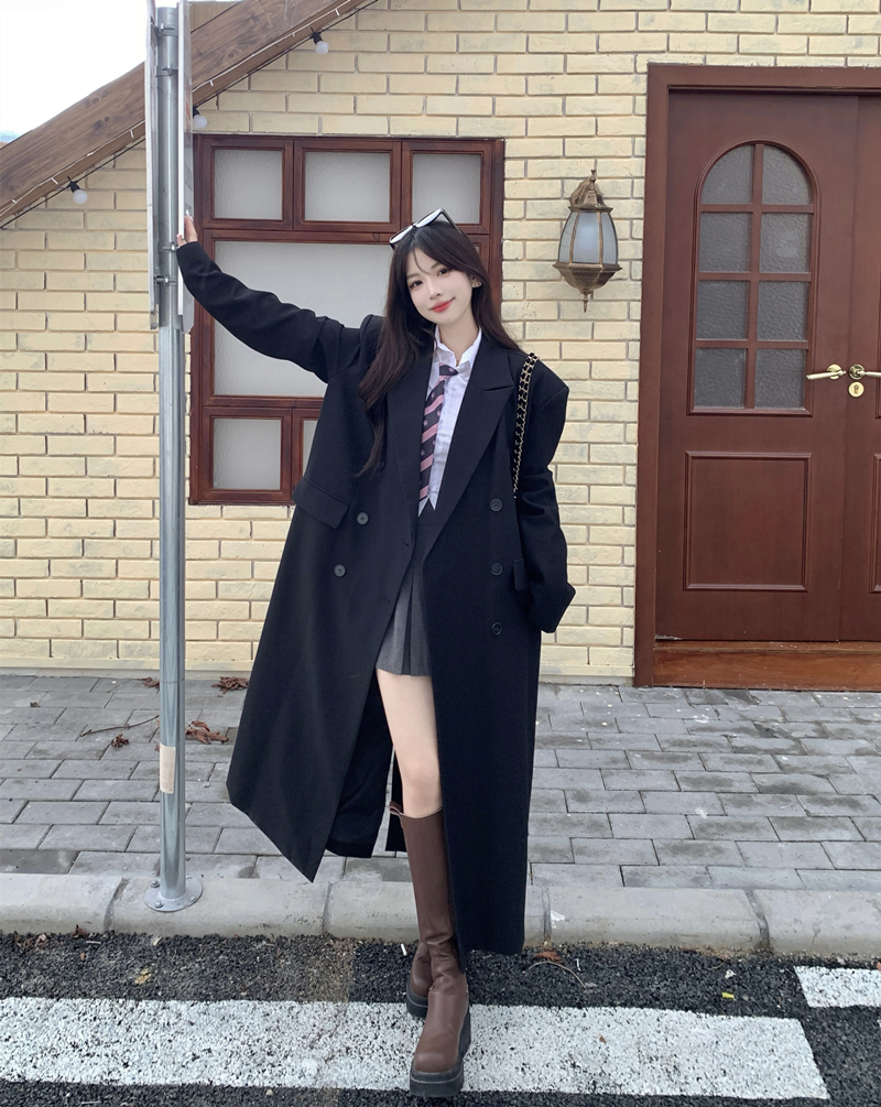 Black Long-Sleeve Women's Suit Set 2024 New Autumn/Winter Long-Hemline Korean Style High-End Hepburn-Inspired Suit Coat