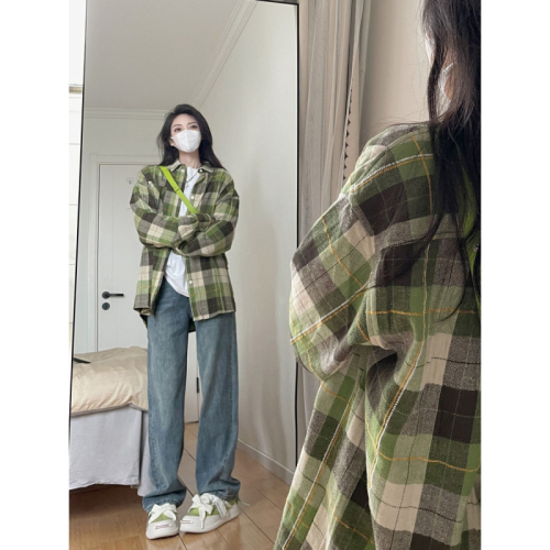 Korean style lazy style green plaid shirt for women spring and summer long-sleeved loose Polo collar temperament casual sun protection shirt trend