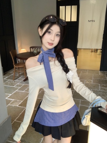 Real Shot Korean Version Slimming Design One-Shoulder Sexy Girl Plaid Spliced Long-Sleeved T-Shirt Underwear 