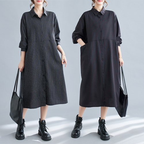 Brushed striped long-sleeved shirt dress, retro, age-reducing, loose, slimming, plus-size, temperamental long windbreaker