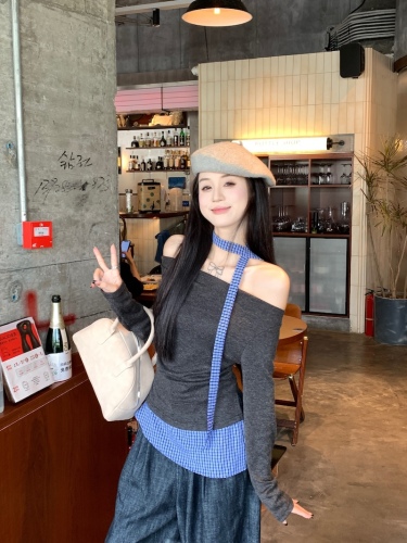 Real Shot Korean Version Slimming Design One-Shoulder Sexy Girl Plaid Spliced Long-Sleeved T-Shirt Underwear 