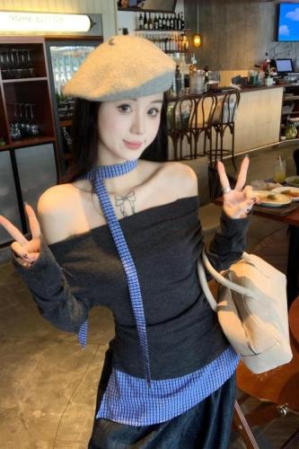 Real Shot Korean Version Slimming Design One-Shoulder Sexy Girl Plaid Spliced Long-Sleeved T-Shirt Underwear 