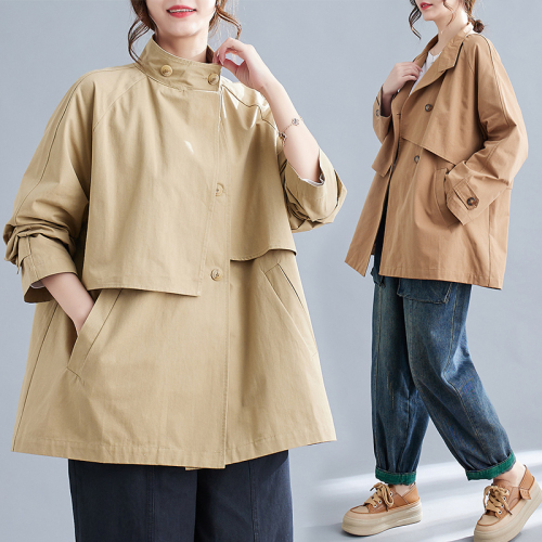 New Korean Style Casual Stand Collar Mid-Length Windbreaker Literary Casual Loose Jacket