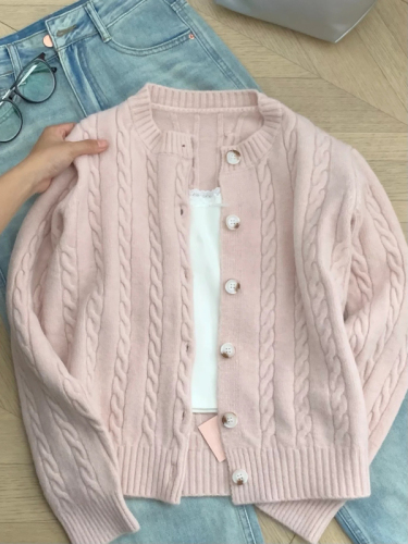 Sheepmere #Pink Twist Knitted Cardigan Women's 2024 Slim Long Sleeve College Style Top Short Sweater Jacket