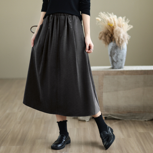 2024 Autumn and Winter Retro Woolen Loose Large Size Skirt Women's Elastic Waist Mid-Length A-Line Skirt