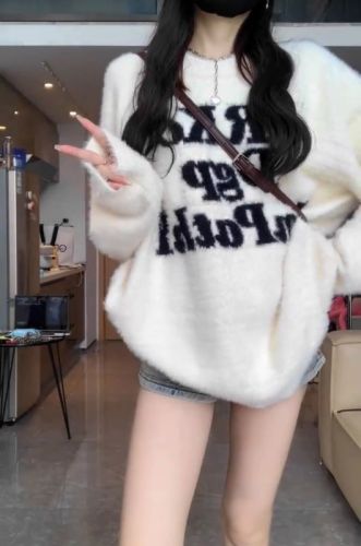 Soft waxy fufu white mohair sweater for women autumn and winter thickened high-end mink velvet top lazy knitted sweater