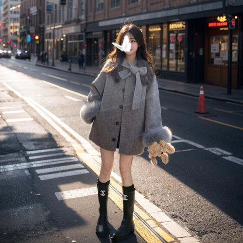 Hepburn style gray woolen coat for women autumn and winter new mid-length bow woolen cloak coat for small people