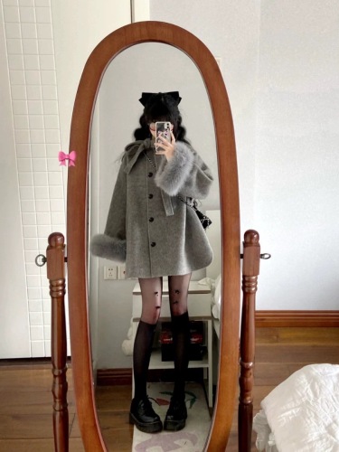 Hepburn style gray woolen coat for women autumn and winter new mid-length bow woolen cloak coat for small people