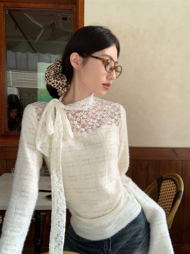 Photographed Designers' Small Minority Butterfly Bow Lace Short-Sleeve Body-Shaping Knit Top