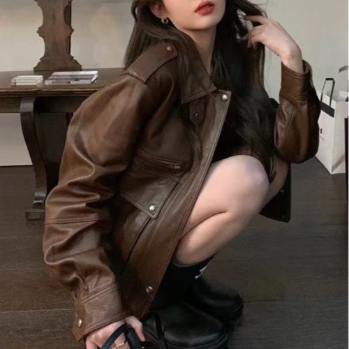 Kuangji KUAN JI Yi Mengling's same style brown leather unisex retro Hyuna style sweet and cool unique niche jacket