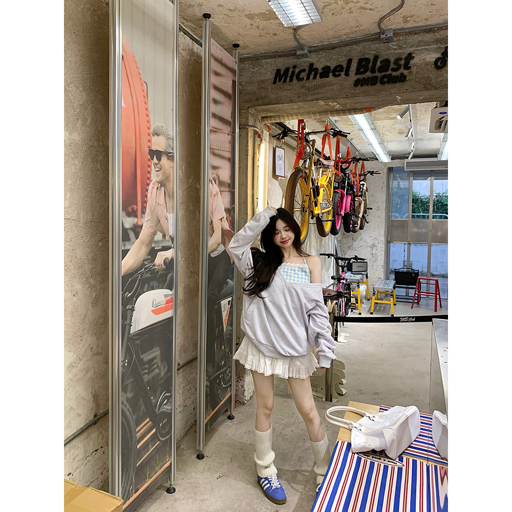 實拍 乖乖奶藍疊穿 V領衛衣女格紋掛脖吊帶少女感獨特氣質套裝
