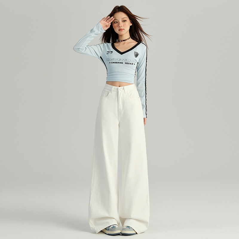 Photographed White Wide-Leg Straight-Jacket Pants 2024 Autumn New Inseam-High Loose Hiding-Thigh Slimming Narrow Blue Jeans