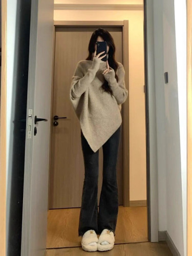 Irregular design turtleneck sweater for women in autumn and winter loose and versatile niche lazy style soft waxy sweater top