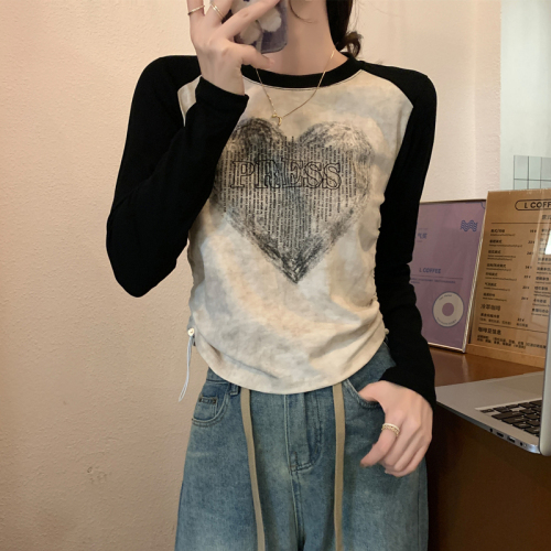 American retro right shoulder long-sleeved T-shirt women's autumn new slim fit pure cotton inner layering shirt top