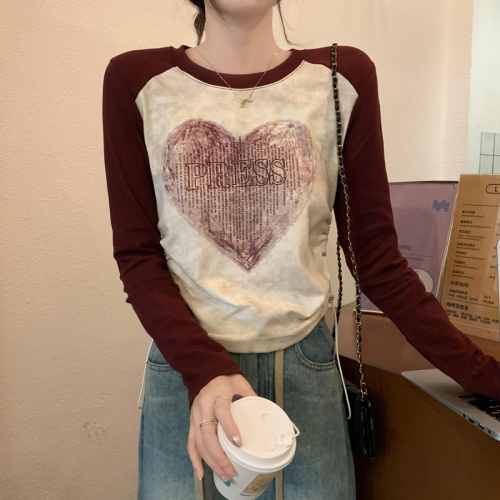 American retro right shoulder long-sleeved T-shirt women's autumn new slim fit pure cotton inner layering shirt top