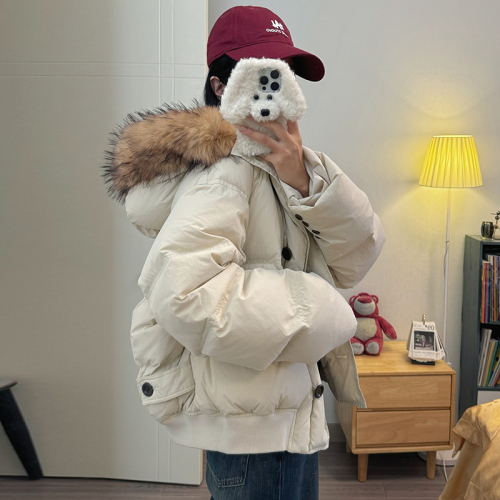 Real shot of South Korea's Dongdaemun 2024 new down jacket for women with hood, large fur collar, short style, loose student