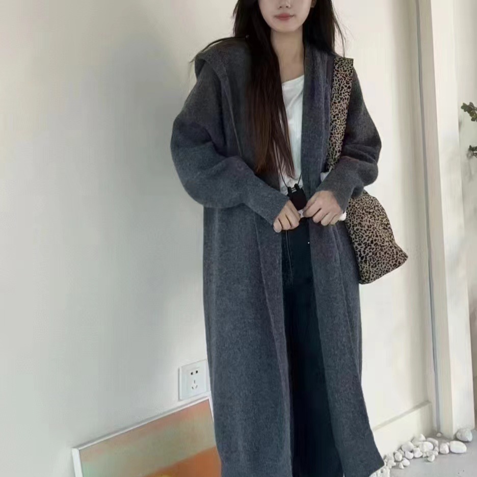 Autumn/Winter New Collection Hooded Loose Casual Long Knit Coat Solid Color Simple Cardigan Outerwear