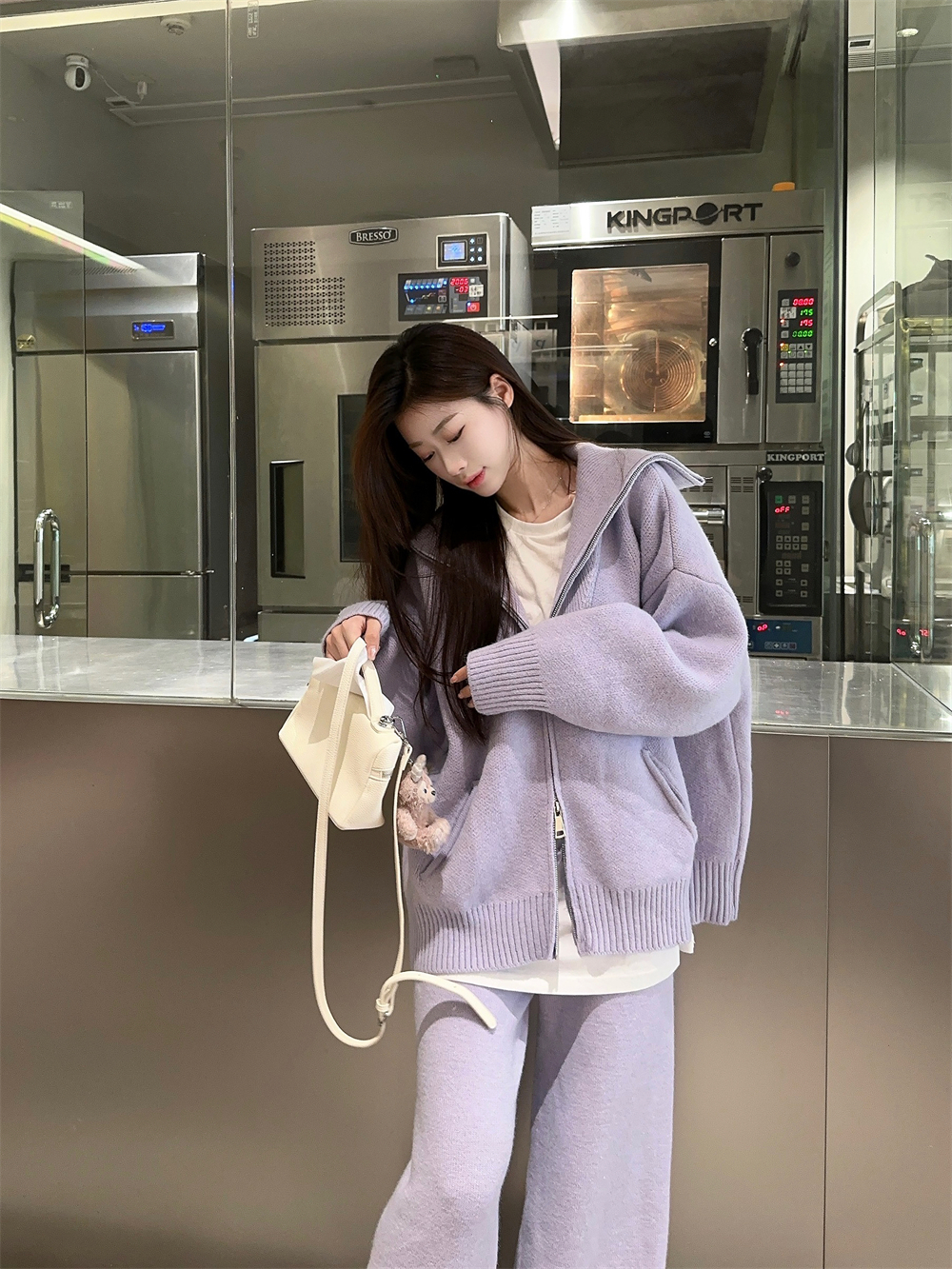 Actual shot~ Korean-style stand-up collar double zipper loose long-sleeved knit sweater + high-waist slimming knit wide-leg pants