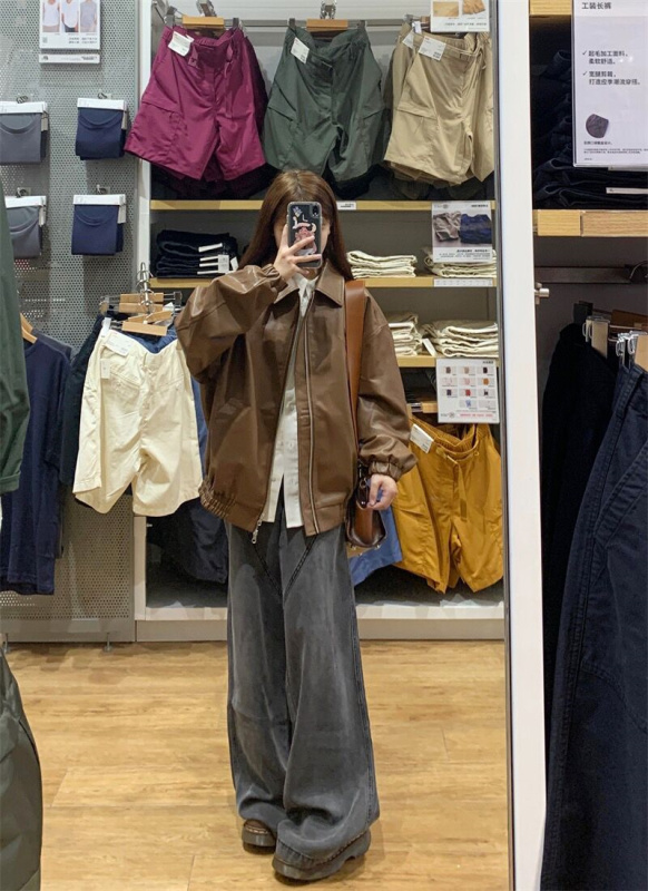 pu leather loose leather jacket retro lapel jacket