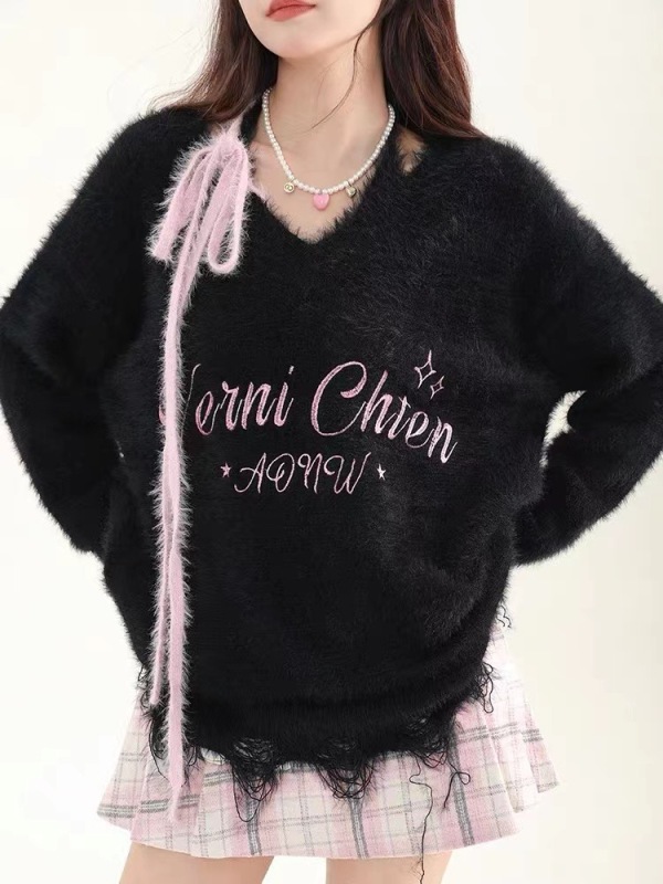 Big sim small sim soft and lazy style bow sweater women's autumn and winter loose V-neck sweater V-neck pullover top