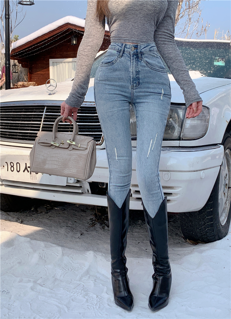 Real shot!  Hot girl high-waist jeans women's autumn and winter new slim fit versatile slimming tight pants trendy