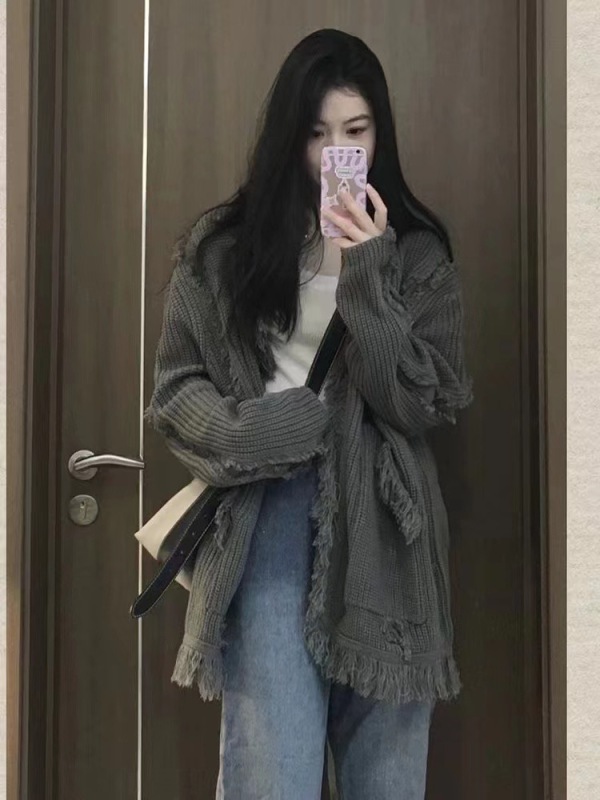 Knitted sweater women's spring new style lazy style raw edge tassel loose long-sleeved cardigan top jacket
