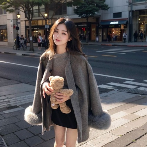 Hepburn style gray woolen coat for women autumn and winter new mid-length bow woolen cloak coat for small people