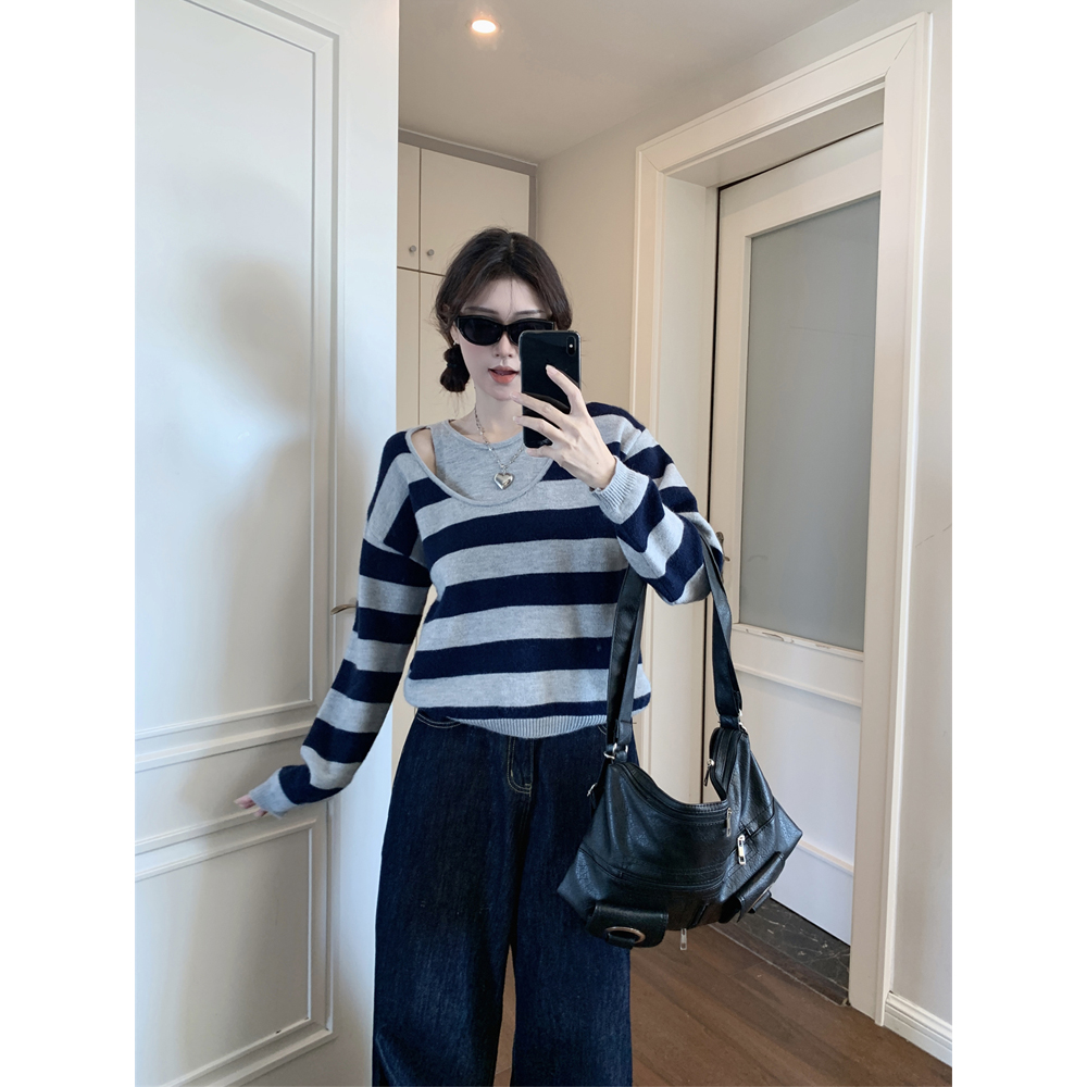 Photographed Navy Striped Two-Piece Knit Long Sleeve Top Korean Style Round Neck Loose Slimming Women's Sweater