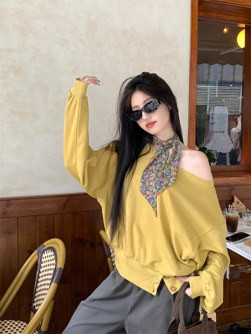 Photographed Autumn Lazy Style Design Shoulder-Strap One-Shoulder Sweatshirt Outerwear and Casual Pants Two-Piece Set