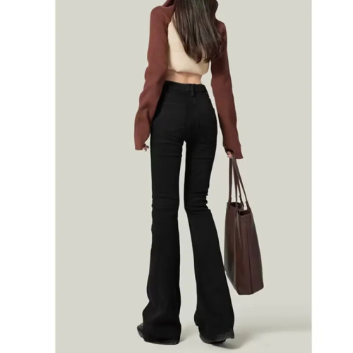 2024 New Autumn Black Bell-bottom Jeans for Short Figures, High-waisted Elastic Ankle Bell-bottom Pants