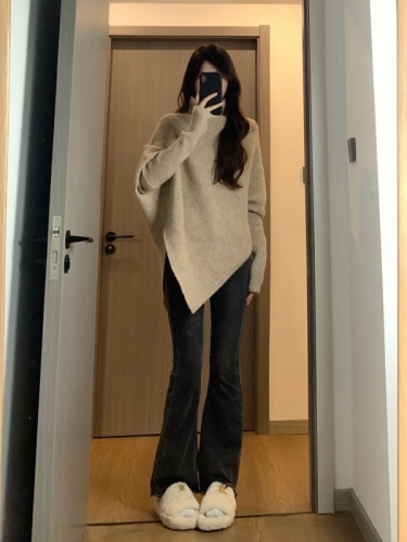 Irregular design turtleneck sweater for women in autumn and winter loose and versatile niche lazy style soft waxy sweater top