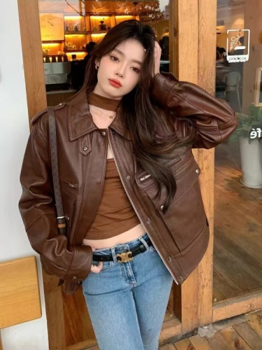 Kuangji KUAN JI Yi Mengling's same style brown leather unisex retro Hyuna style sweet and cool unique niche jacket