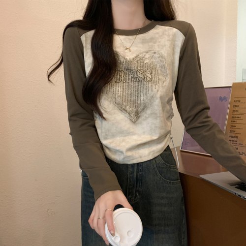 American retro right shoulder long-sleeved T-shirt women's autumn new slim fit pure cotton inner layering shirt top