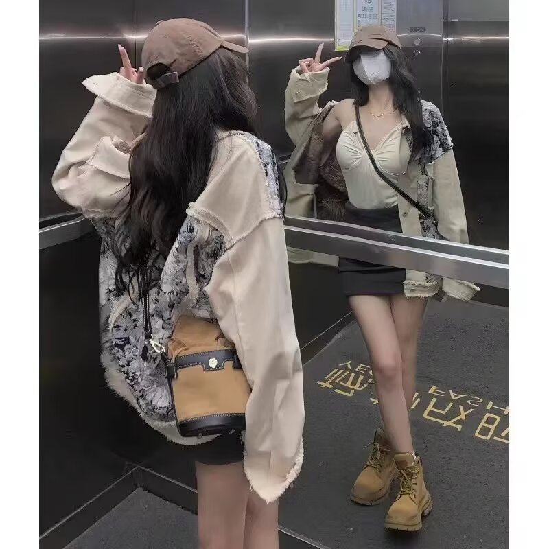 Retro Vibe style ink stitching denim jacket for women, spring and autumn design, niche, super good-looking, unique jacket top
