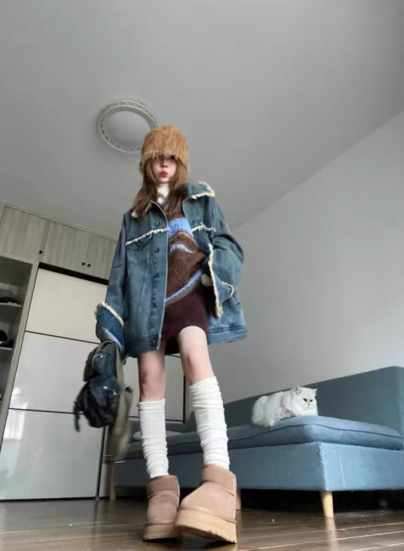 American vintage raw edge design washed distressed lapel versatile denim jacket
