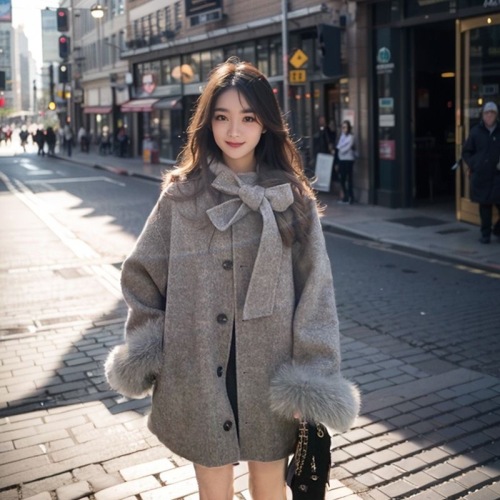 Hepburn style gray woolen coat for women autumn and winter new mid-length bow woolen cloak coat for small people