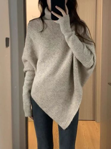 Irregular design turtleneck sweater for women in autumn and winter loose and versatile niche lazy style soft waxy sweater top