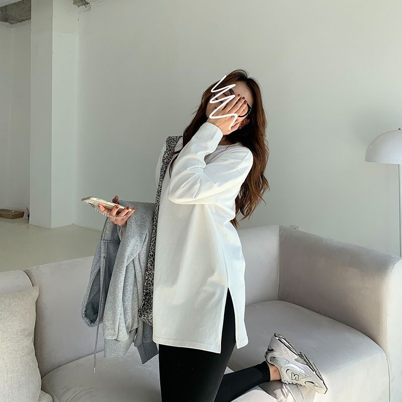 Spring and autumn design niche slit ins pure cotton white bottoming shirt inner top women's new long-sleeved T-shirt
