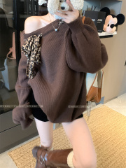 Real Shot Design Sense Leopard Print Scarf Loose Sweater Women 