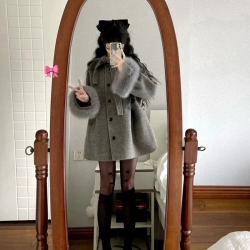 Hepburn style gray woolen coat for women autumn and winter new mid-length bow woolen cloak coat for small people