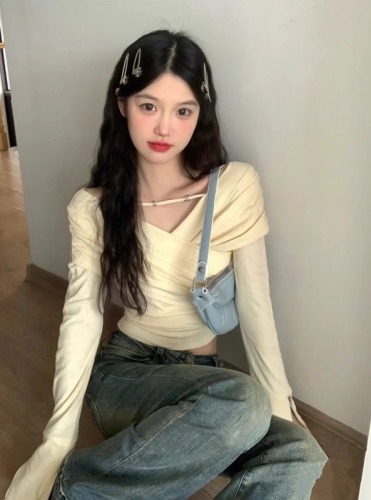 Official picture 1*1 thread 270g sexy hiphop hottie style v-neck long-sleeved t-shirt for women spring and autumn cross