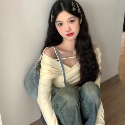 Official picture 1*1 thread 270g sexy hiphop hottie style v-neck long-sleeved t-shirt for women spring and autumn cross