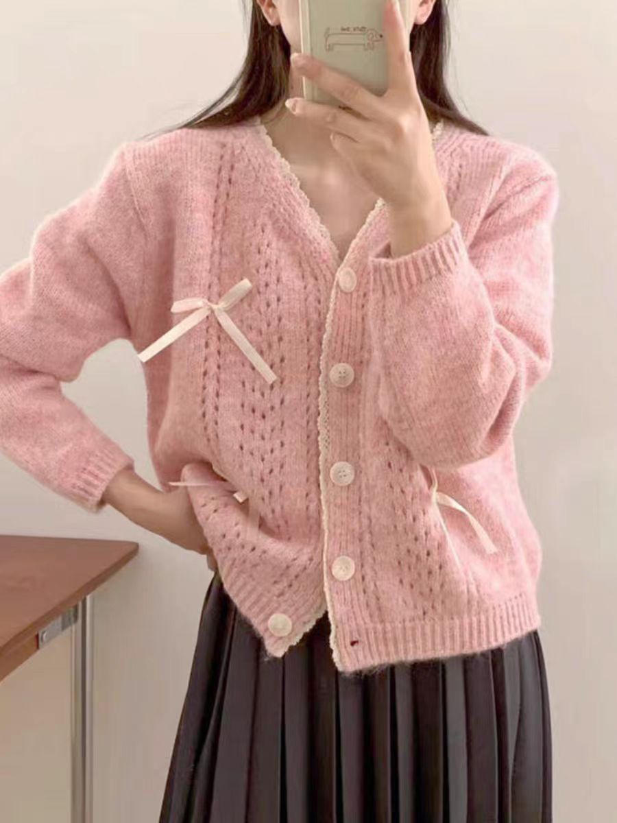 毛衣外套女短款秋冬蝴蝶結v領拼接花邊長袖甜美溫柔韓系針織開衫