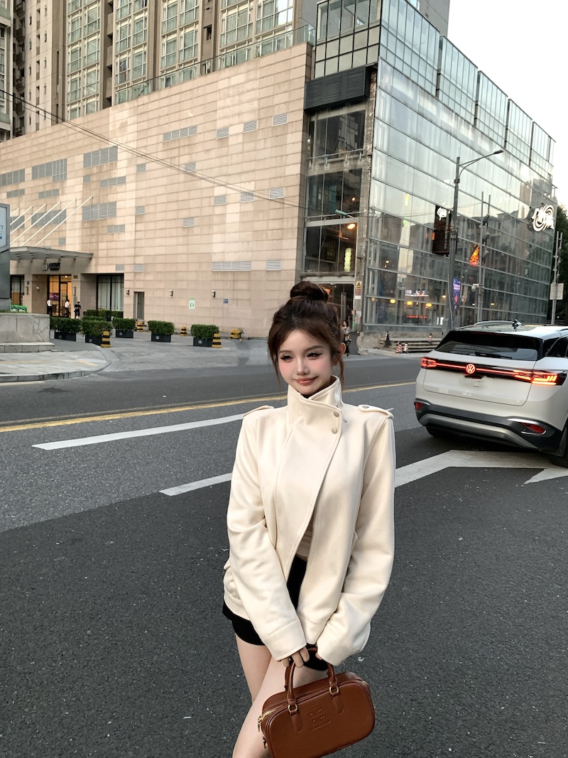 Actual shot Korean style slim fit suede motorcycle jacket long-sleeved cardigan jacket