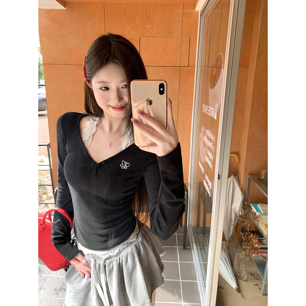 實拍 緋聞女高 蕾絲掛脖純欲辣妹打底設計感上衣針織長袖拼接