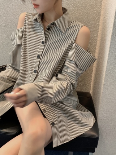 FF BLUE Wang Zha shirt high-end niche design striped lazy Korean girl shirt women's long-sleeved off-shoulder top